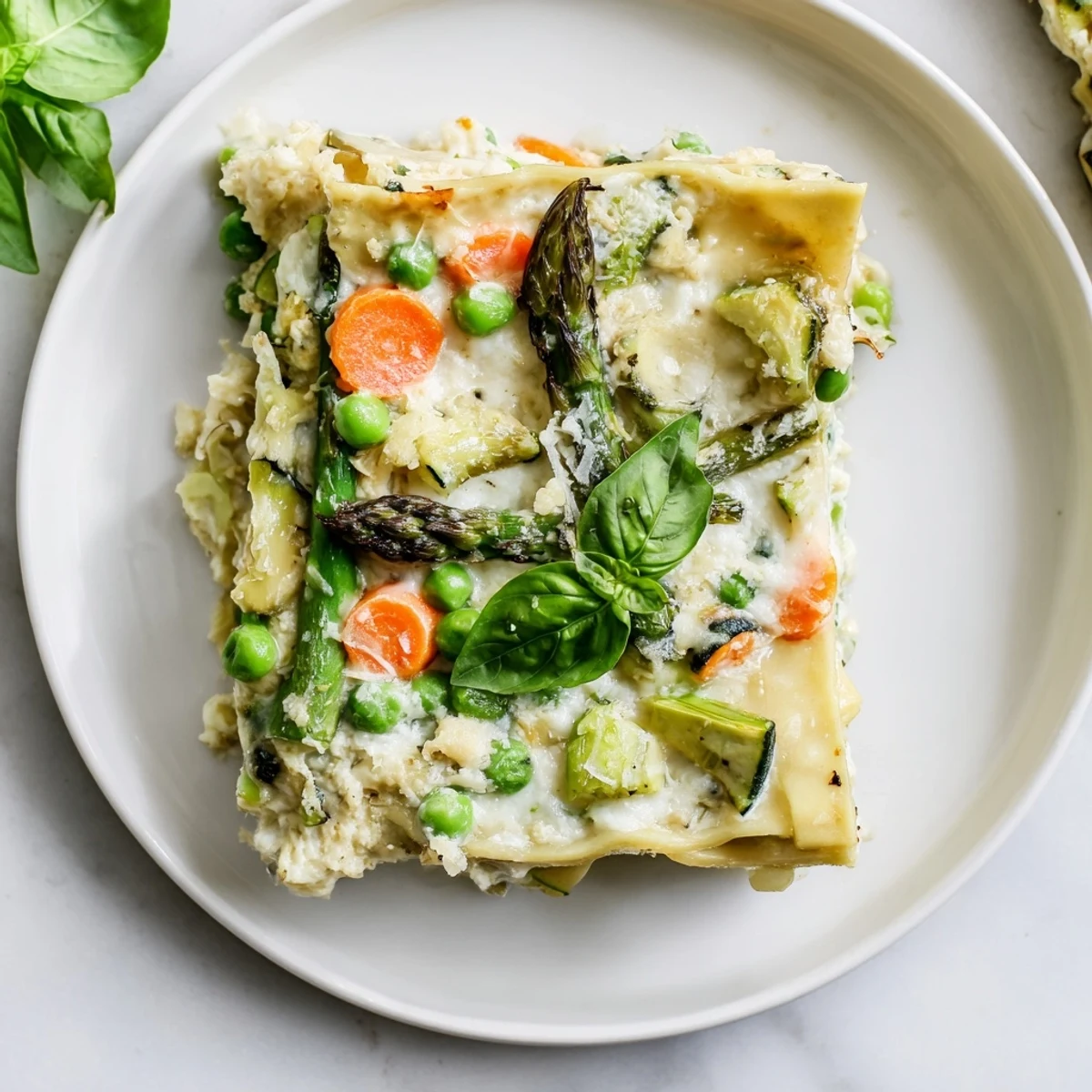 A slice of Spring Veggie Alfredo Lasagna showcases vibrant carrots and zucchini with melted mozzarella on top.