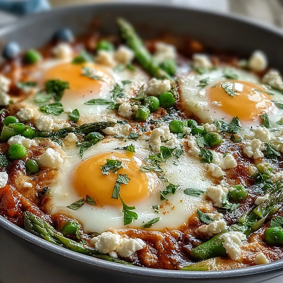 Cracked eggs nestled in a vibrant Pea and Broad Bean Shakshuka, surrounded by tender asparagus and green peas in a smoky tomato stew.