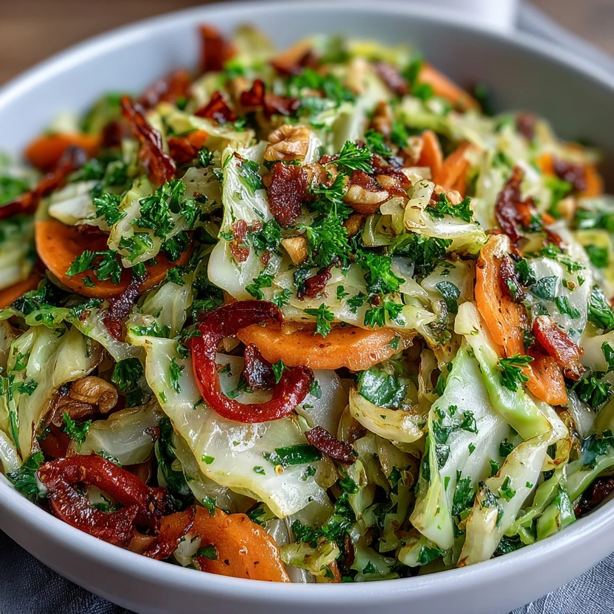 A warm, vibrant Cooked and Loved Cabbage Salad with sautéed cabbage, crisp vegetables, and a tangy herbaceous dressing in a serving bowl.  