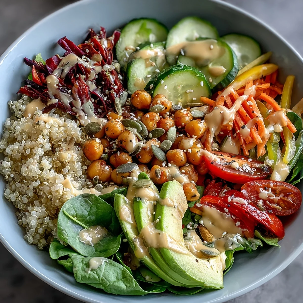 Vibrant Rainbow Buddha Bowl with quinoa, brimming with colorful veggies and creamy avocado.