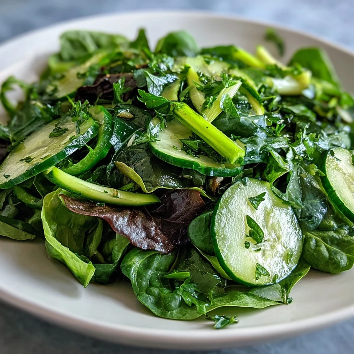 A vibrant Glowing Green Salad with crisp greens, crunchy celery, and zesty lemon vinaigrette ready to serve.  