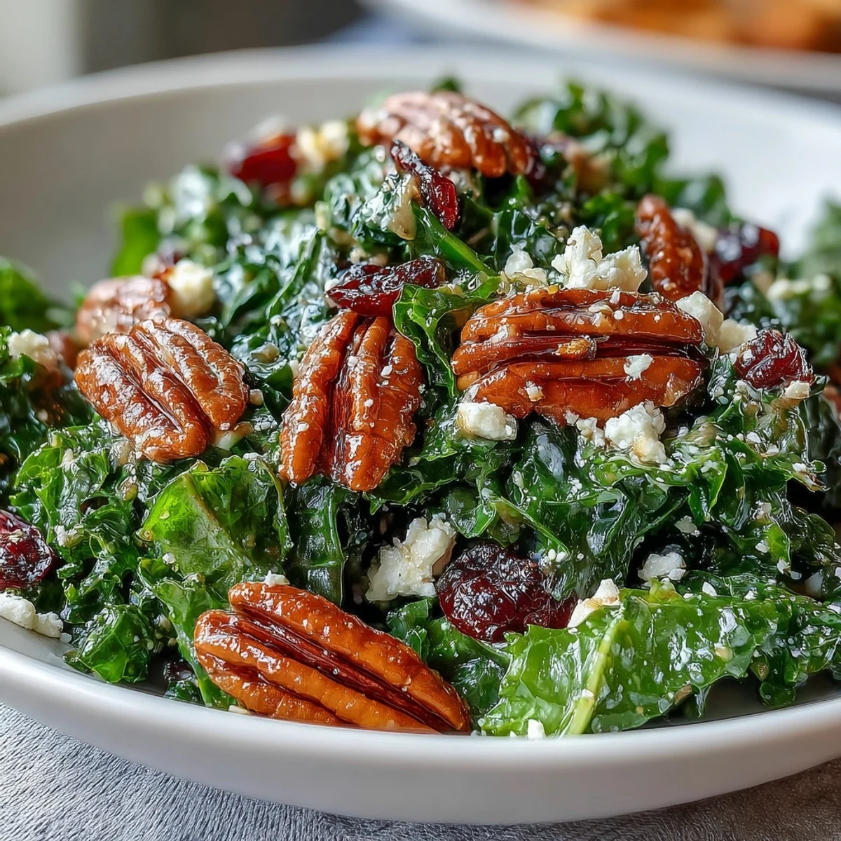Massaged kale leaves tossed in a warm maple-mustard glaze, topped with crumbled feta and crunchy toasted nuts for a cozy salad.