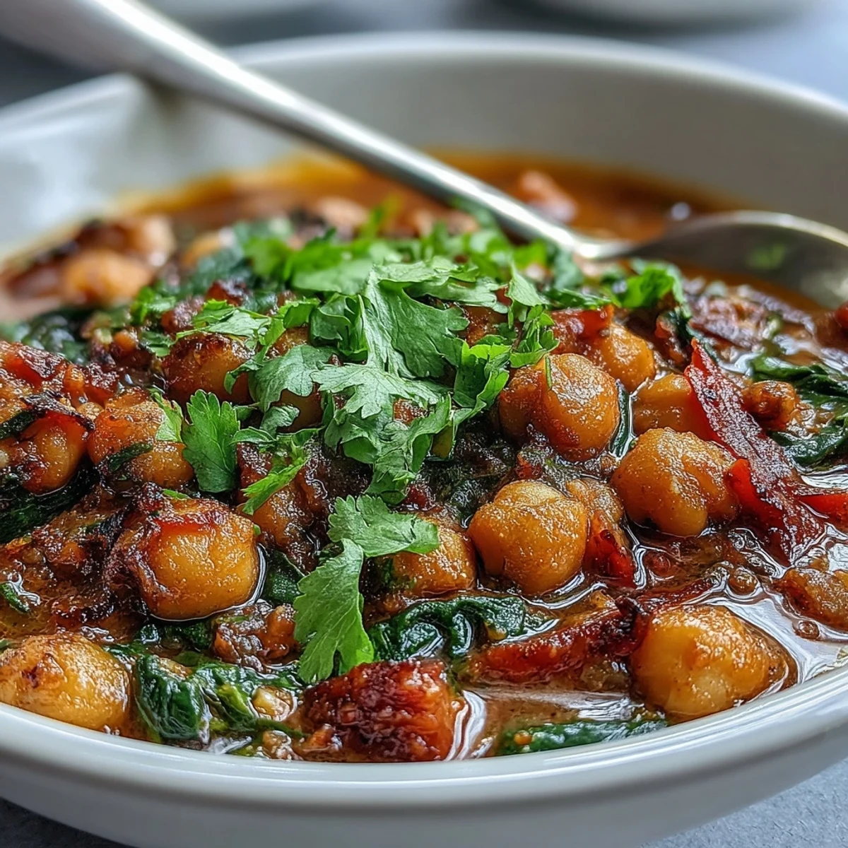 A bowl of vibrant Spicy Chickpea Stew garnished with fresh cilantro, served over steamed quinoa for a hearty plant-based meal.