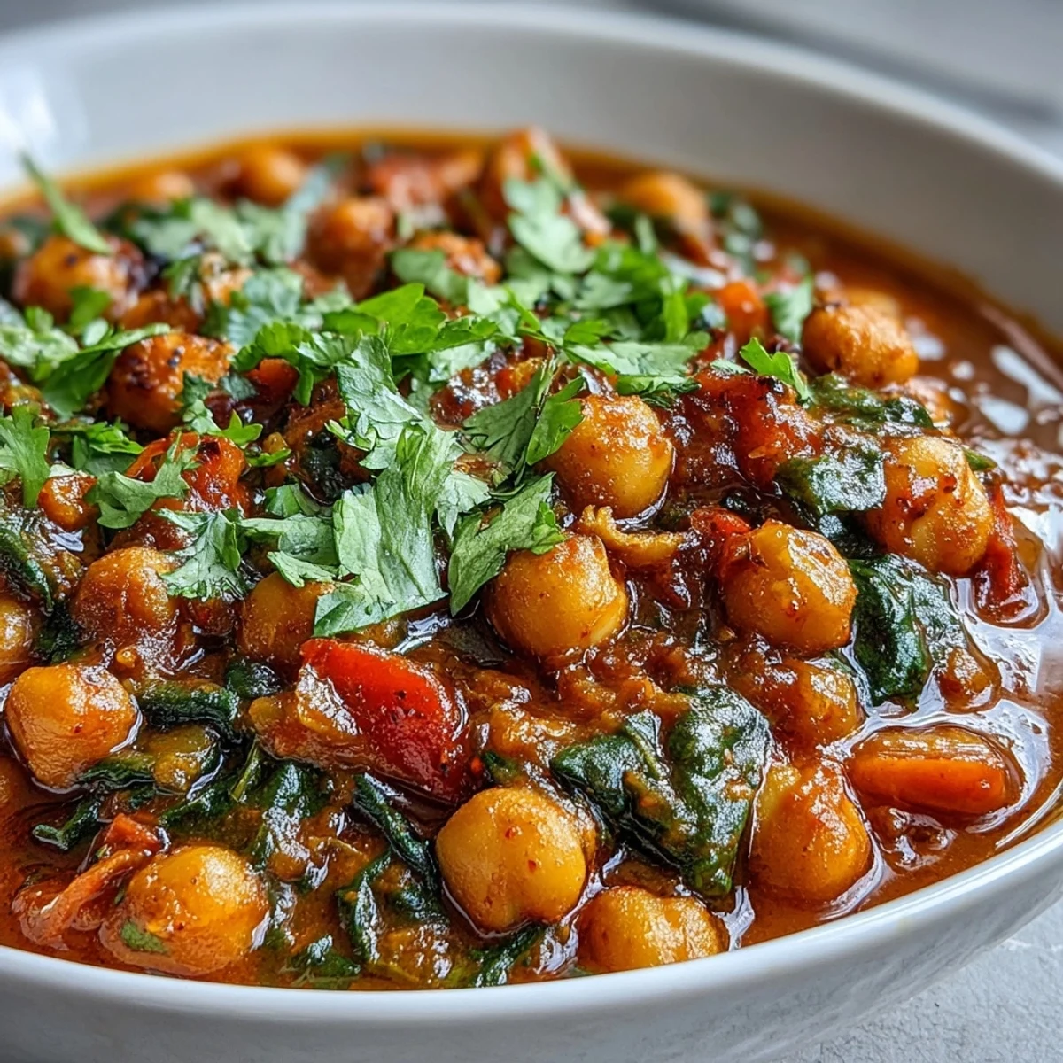 Spicy Chickpea Stew simmering in a pot, featuring tender chickpeas and diced vegetables in a rich, aromatic tomato broth.