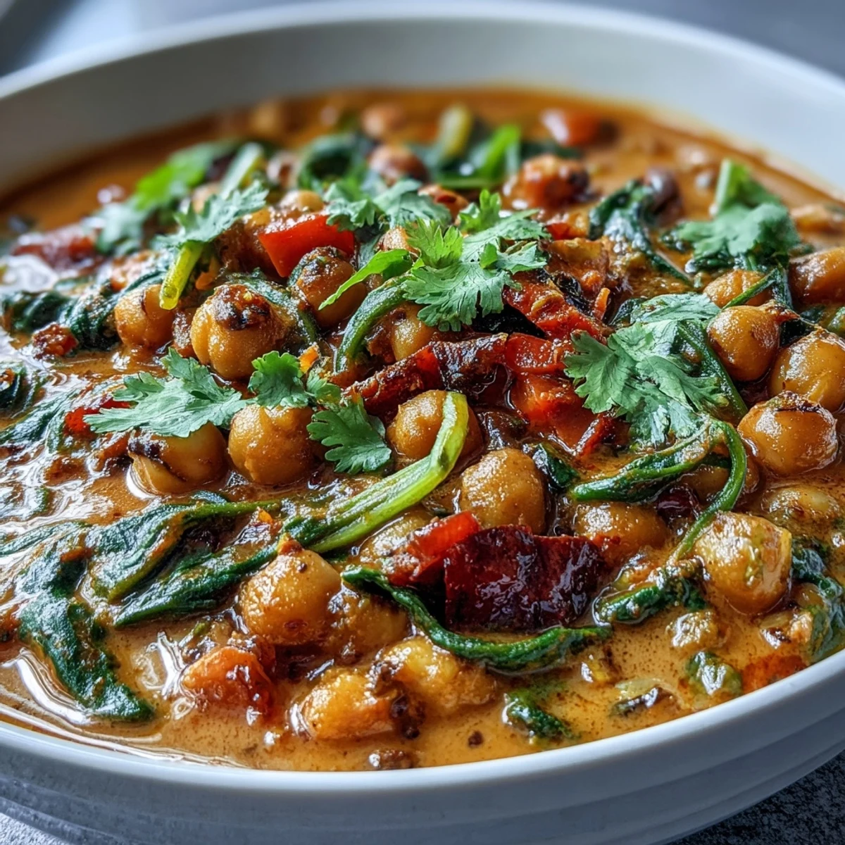 Close-up of Spicy Chickpea Stew in a rustic bowl, showcasing wilted spinach and a bright squeeze of lemon juice.