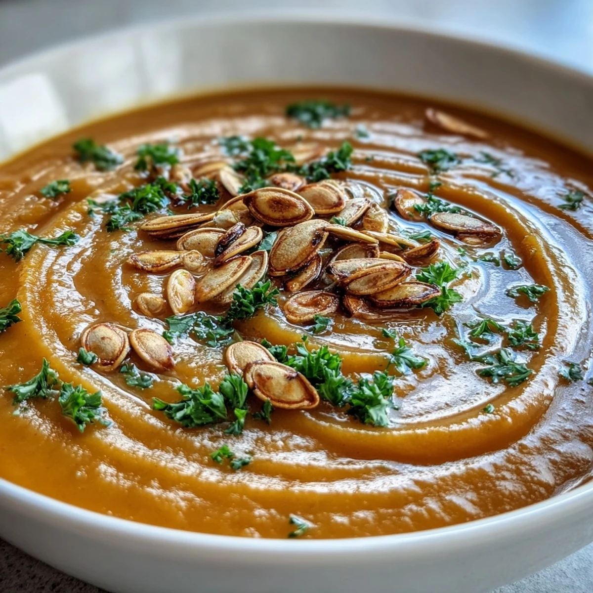 Creamy butternut squash soup garnished with fresh herbs and toasted seeds.