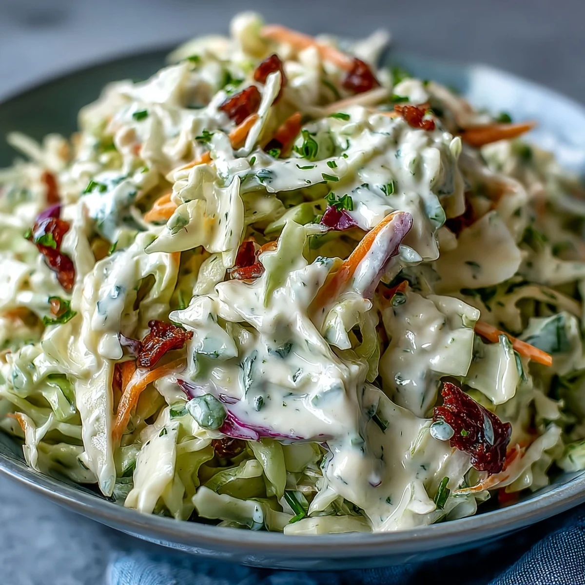 The Best Cabbage Coleslaw served in a rustic bowl, with crunchy shredded carrots and cabbage coated in a tangy, mayonnaise-based dressing.