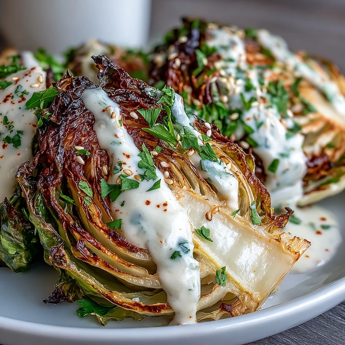 Golden-brown roasted cabbage wedges with crispy edges, drizzled with creamy tahini sauce and sprinkled with toasted sesame seeds and parsley.  