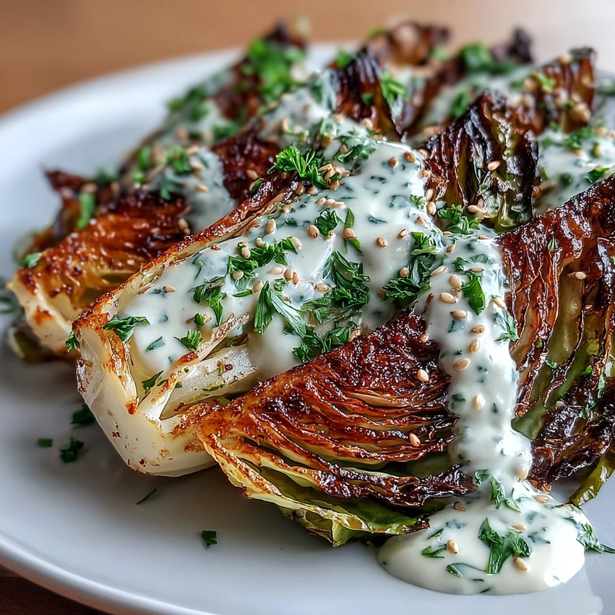 Tender roasted cabbage wedges on a platter, garnished with fresh herbs and a generous pour of nutty tahini sauce for a healthy side.  