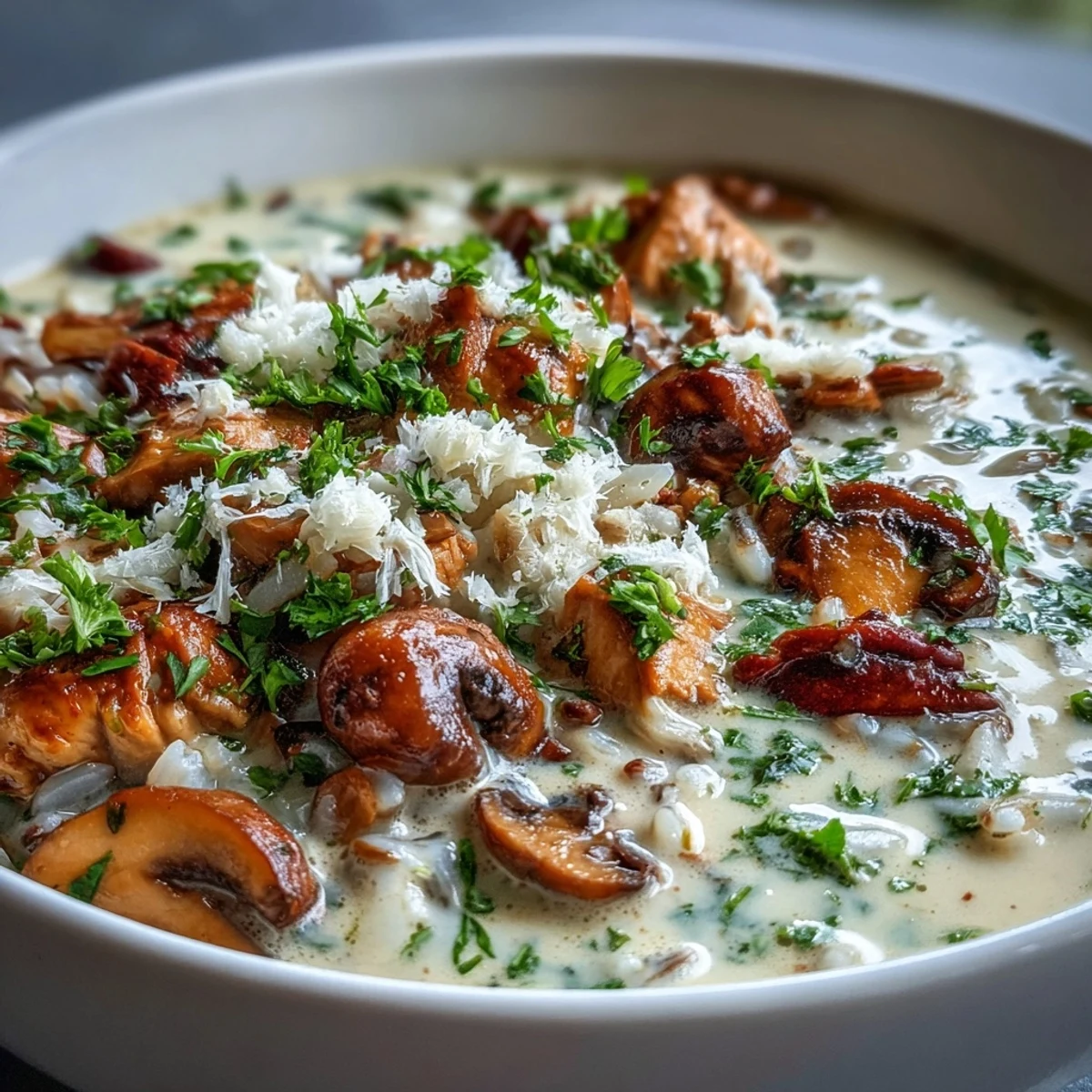 Steamy bowls of Parmesan Mushroom Chicken and Wild Rice Soup garnished with fresh parsley.
