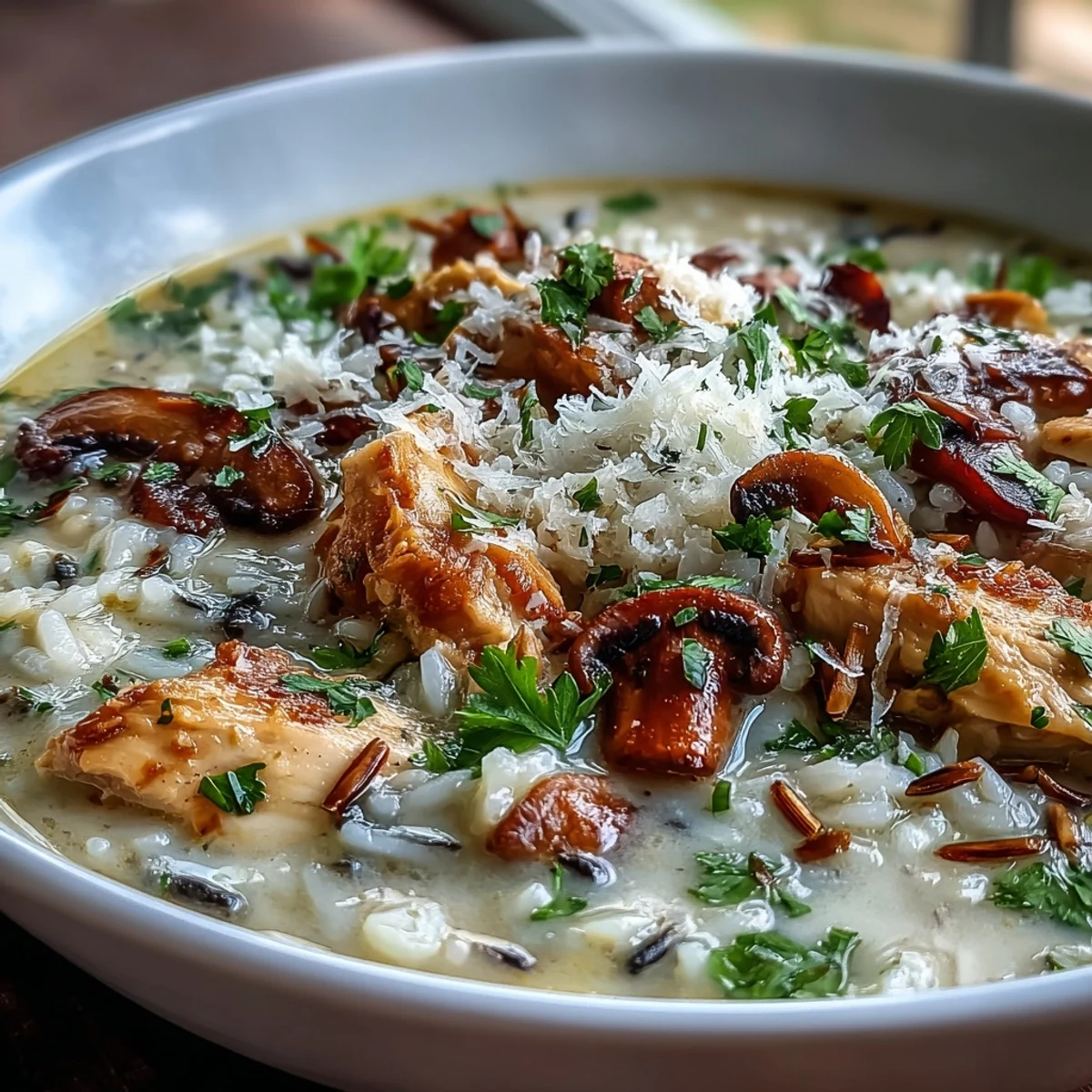 Overhead view of creamy Parmesan Mushroom Chicken and Wild Rice Soup with crusty bread.
