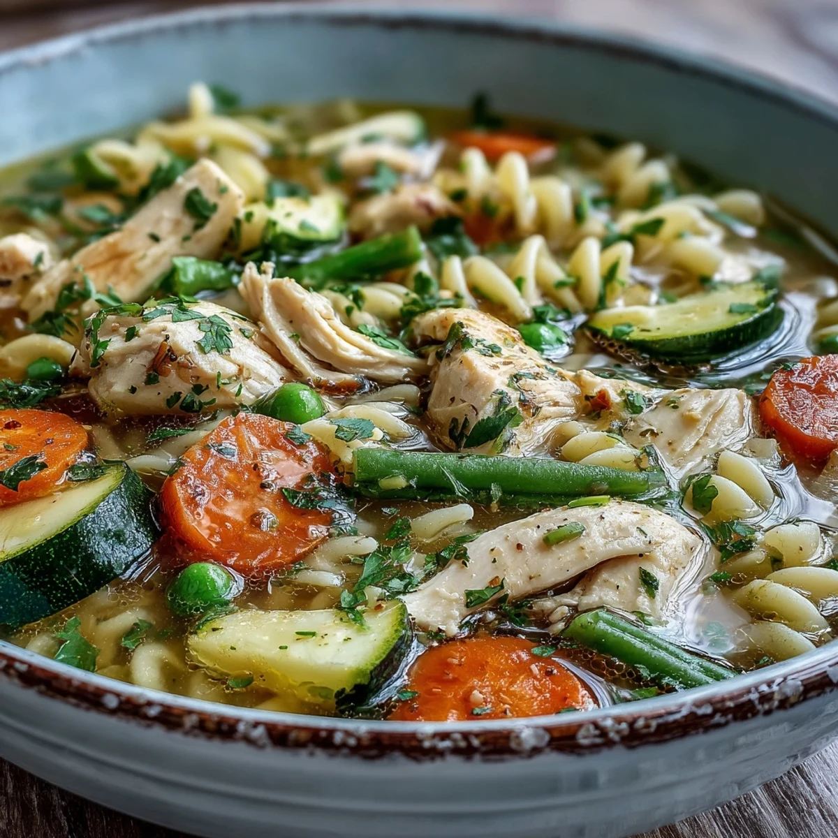 Steamy bowl of Pasta Soup With Chicken and Vegetables garnished with parsley and Parmesan. 