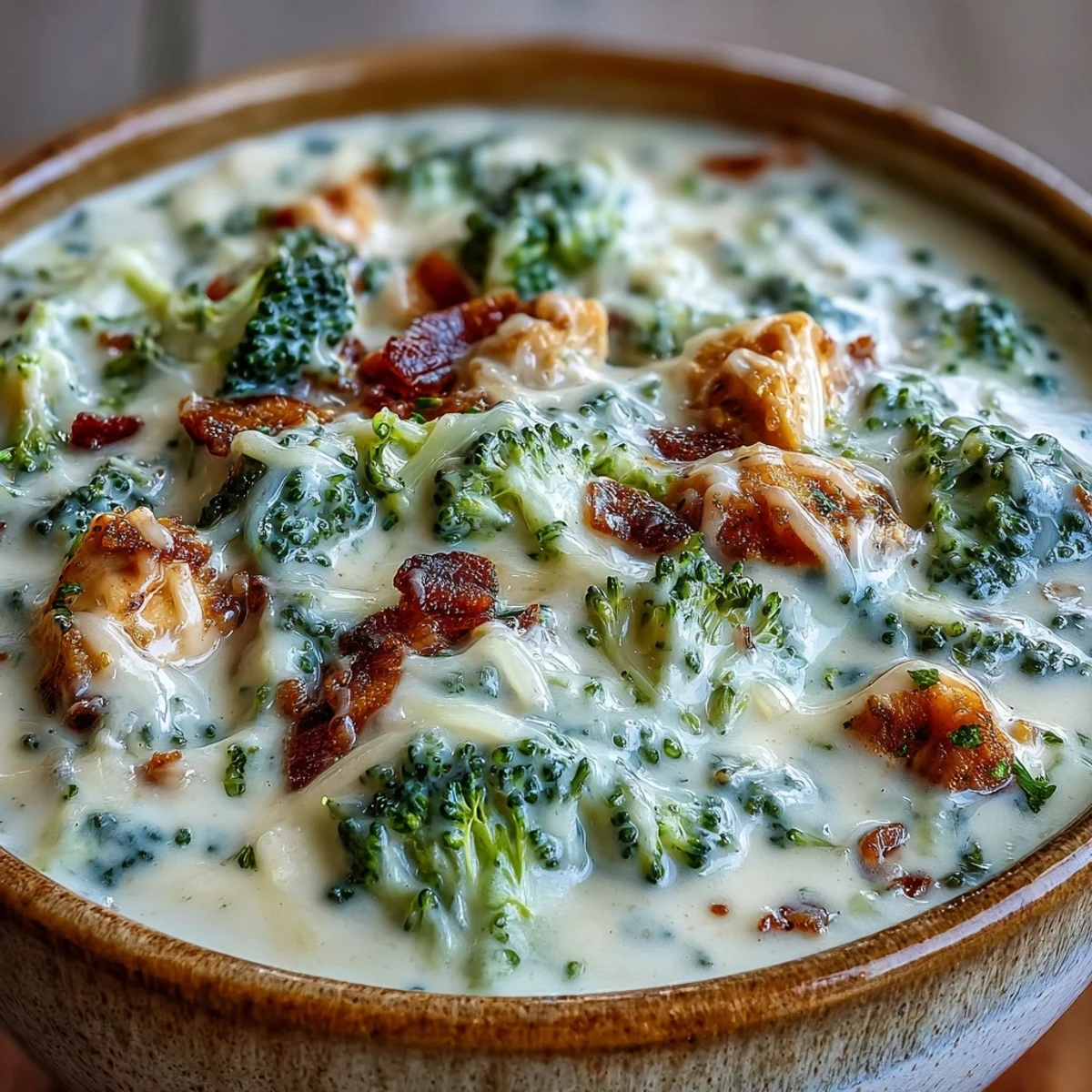 A bowl of creamy Best Chicken Broccoli Cheddar Soup featuring tender chicken, vibrant broccoli florets, and melted sharp cheddar.