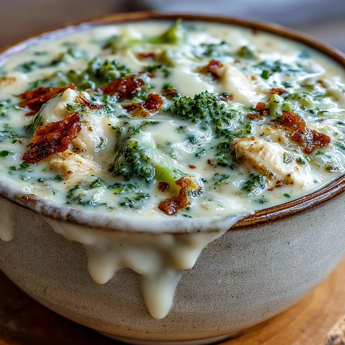 A spoon dips into rich Best Chicken Broccoli Cheddar Soup, highlighting chunks of chicken and fresh vegetables in a creamy broth.