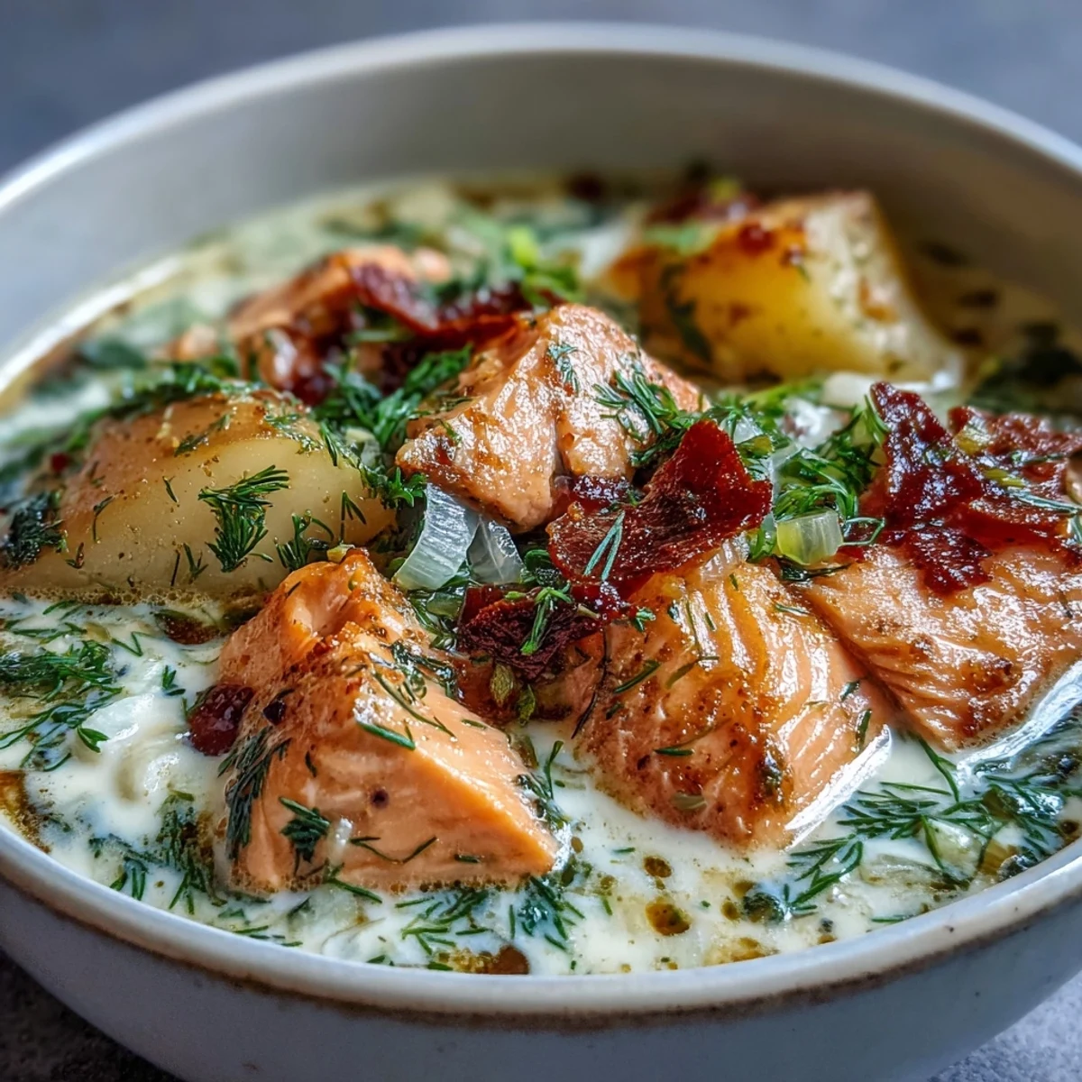 Creamy Finnish Salmon Soup garnished with fresh dill, served steaming in a rustic bowl with potatoes and leeks.