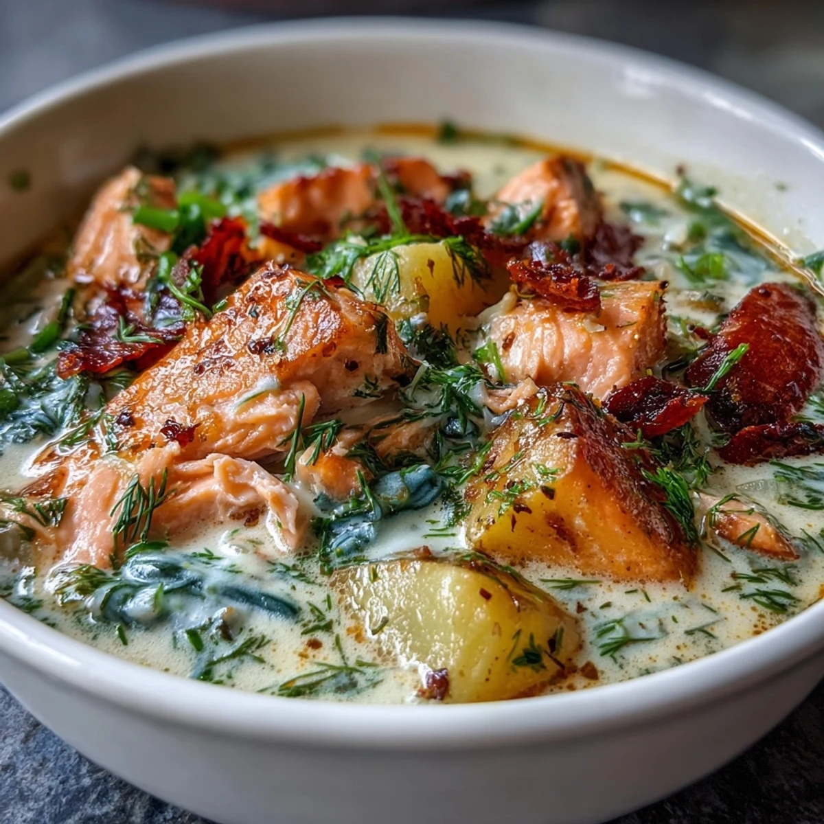 Tender salmon and soft potatoes swim in a creamy Finnish Salmon Soup, garnished with fresh dill.