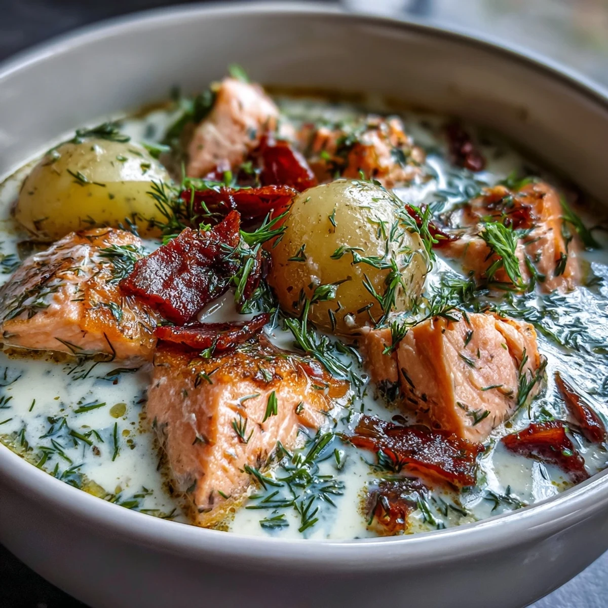 A cozy bowl of Finnish Salmon Soup with salmon chunks, root vegetables, and a swirl of cream.