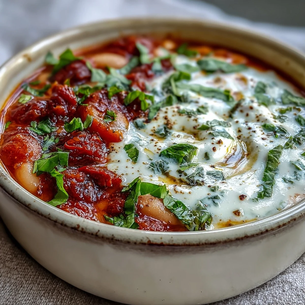 Creamy white bean soup with tomato in a rustic bowl, garnished with fresh parsley and a swirl of cream.