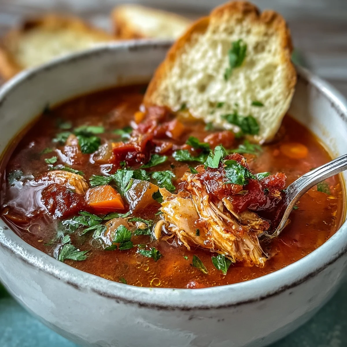 Steaming bowl of Tuna and Tomato Soup topped with fresh parsley, served with crusty bread.