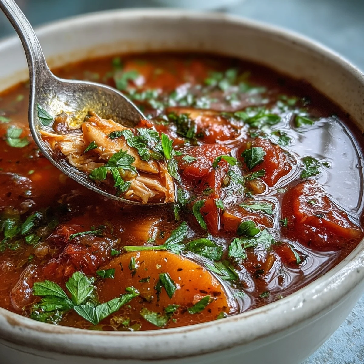Italian-inspired Tuna and Tomato Soup simmering in a pot with carrots and celery visible.