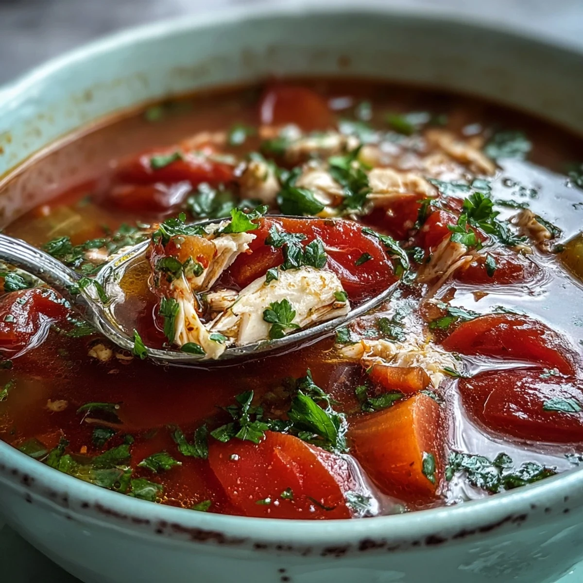 Homemade Tuna and Tomato Soup garnished with fresh basil, ready to serve for dinner.