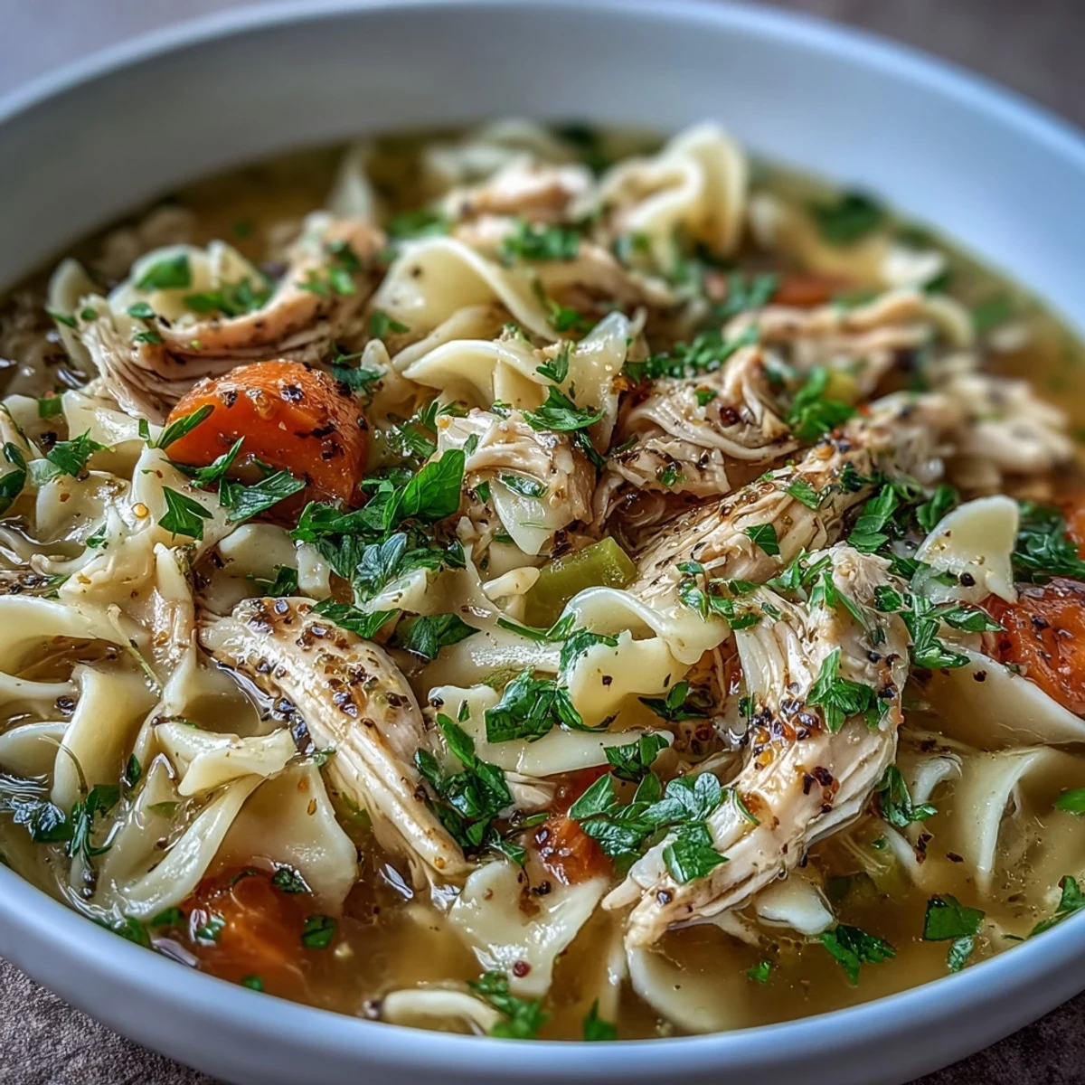 Steaming bowl of Chicken and Noodle Soup with wide egg noodles, tender shredded chicken, and vibrant carrots.