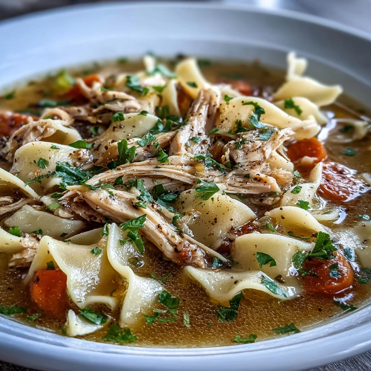 Homemade Chicken and Noodle Soup served in a rustic bowl, garnished with fresh parsley and a lemon wedge.