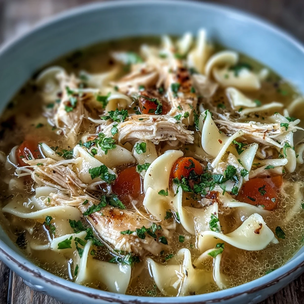 Comforting Chicken and Noodle Soup with hearty vegetables and savory broth, ready to be enjoyed with crusty bread.