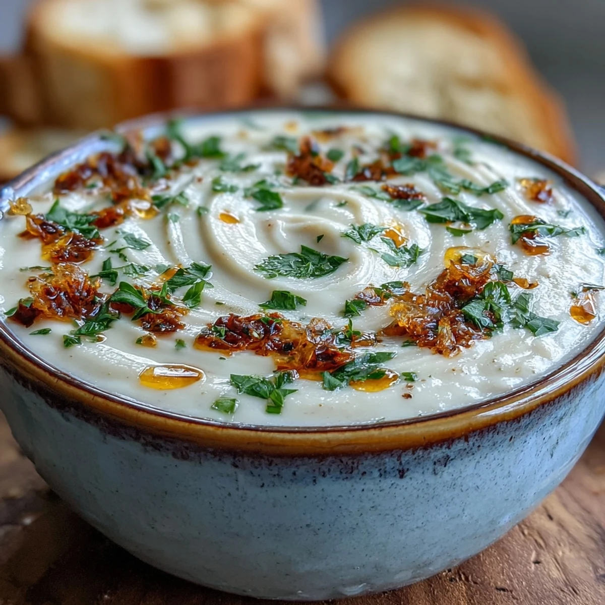 Smooth and creamy White Bean and Parmesan Soup blended with aromatic vegetables and topped with Parmesan.