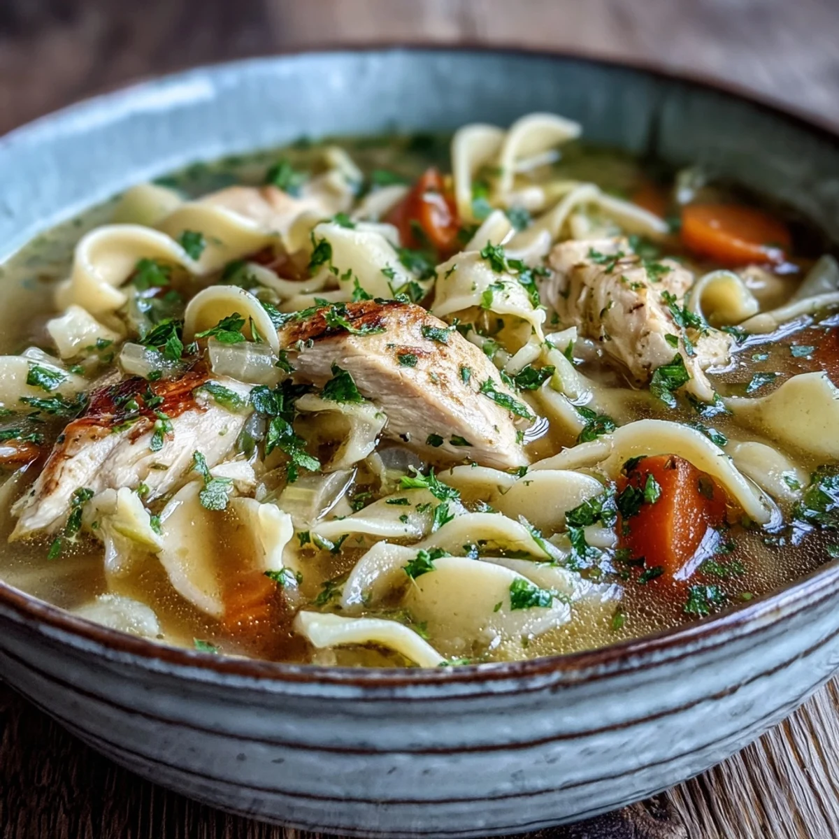 Steam rises from a bowl of classic Chicken Noodle Soup with tender chicken and sliced carrots.