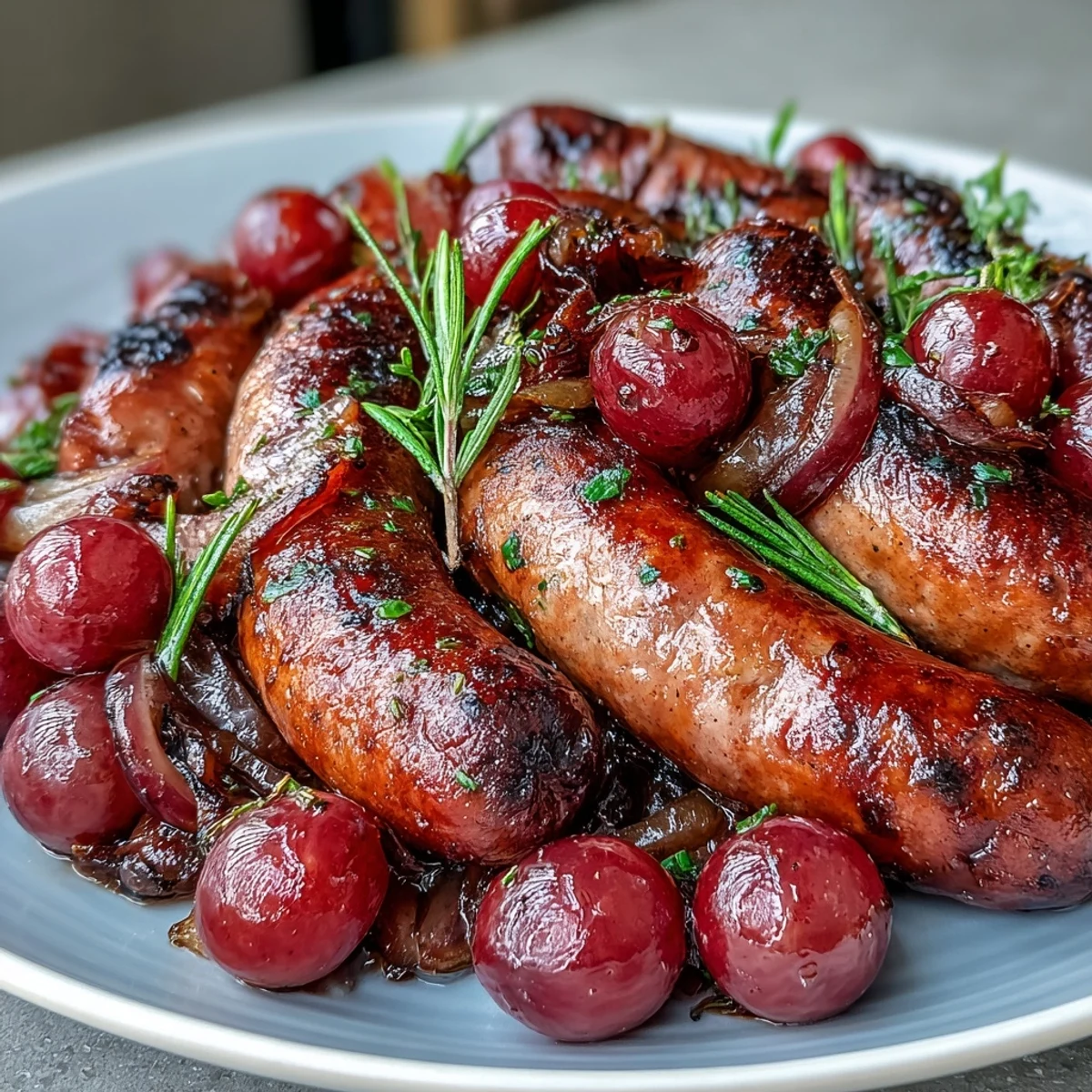 Golden roasted Italian sausages nestled among caramelized red grapes and onions, seasoned with fragrant rosemary on a baking sheet.