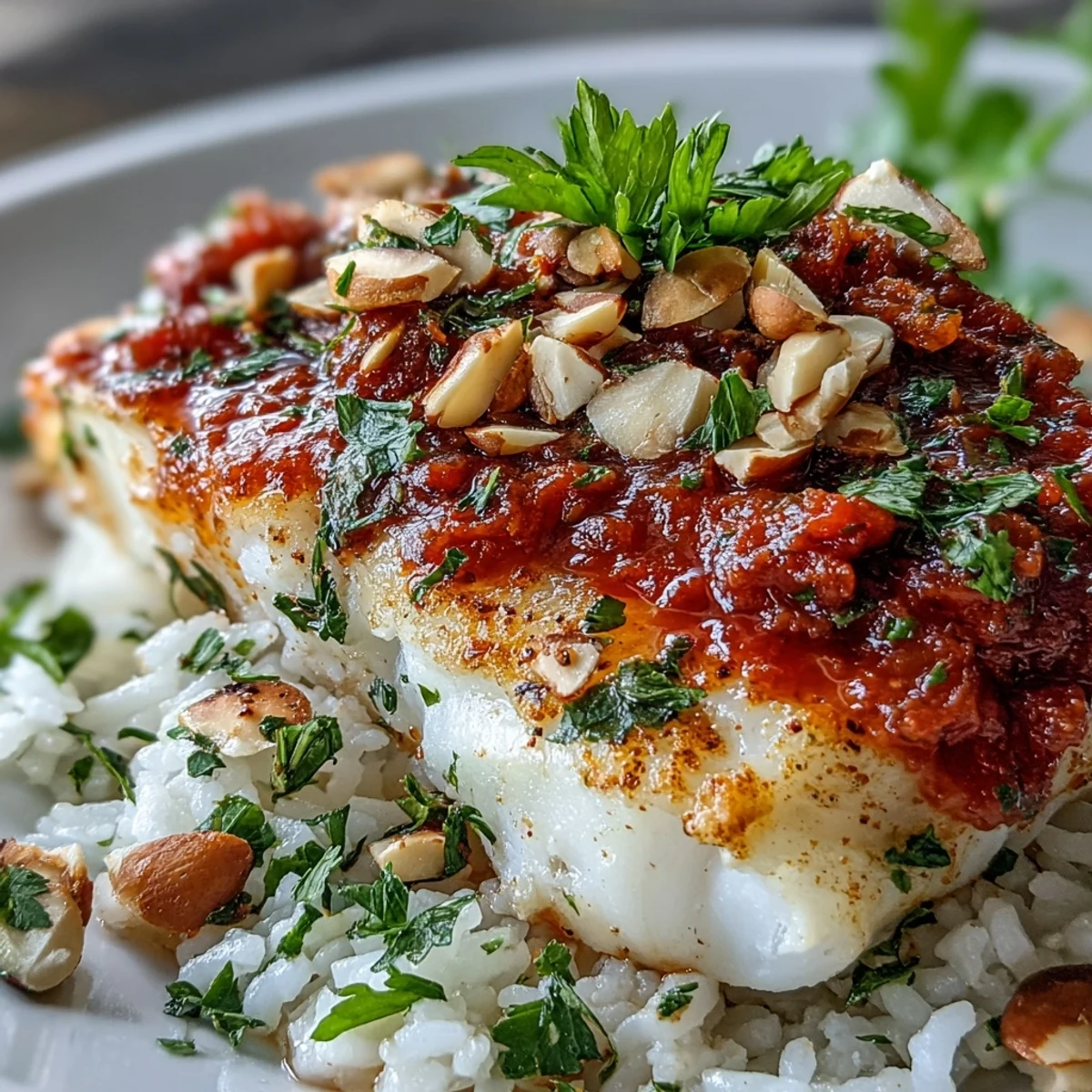 Tomato-Roasted Cod With Spiced Almonds rests on fluffy ginger rice, spooned with a zesty tomato sauce and topped with golden spiced almonds.