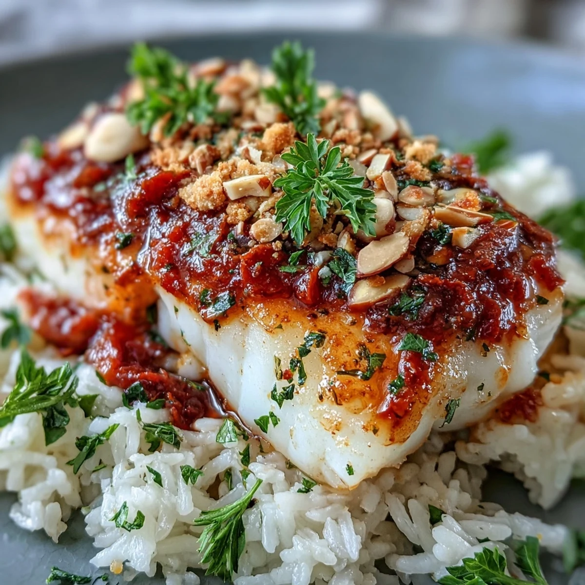 Juicy Tomato-Roasted Cod With Spiced Almonds is plated with fresh parsley and lemon wedges, ready to brighten your healthy dinner.