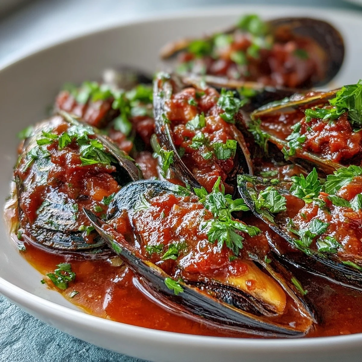 Savory smoky mussels pomodoro, steamed open in a tomato-wine sauce, perfect for scooping with grilled sourdough slices.
