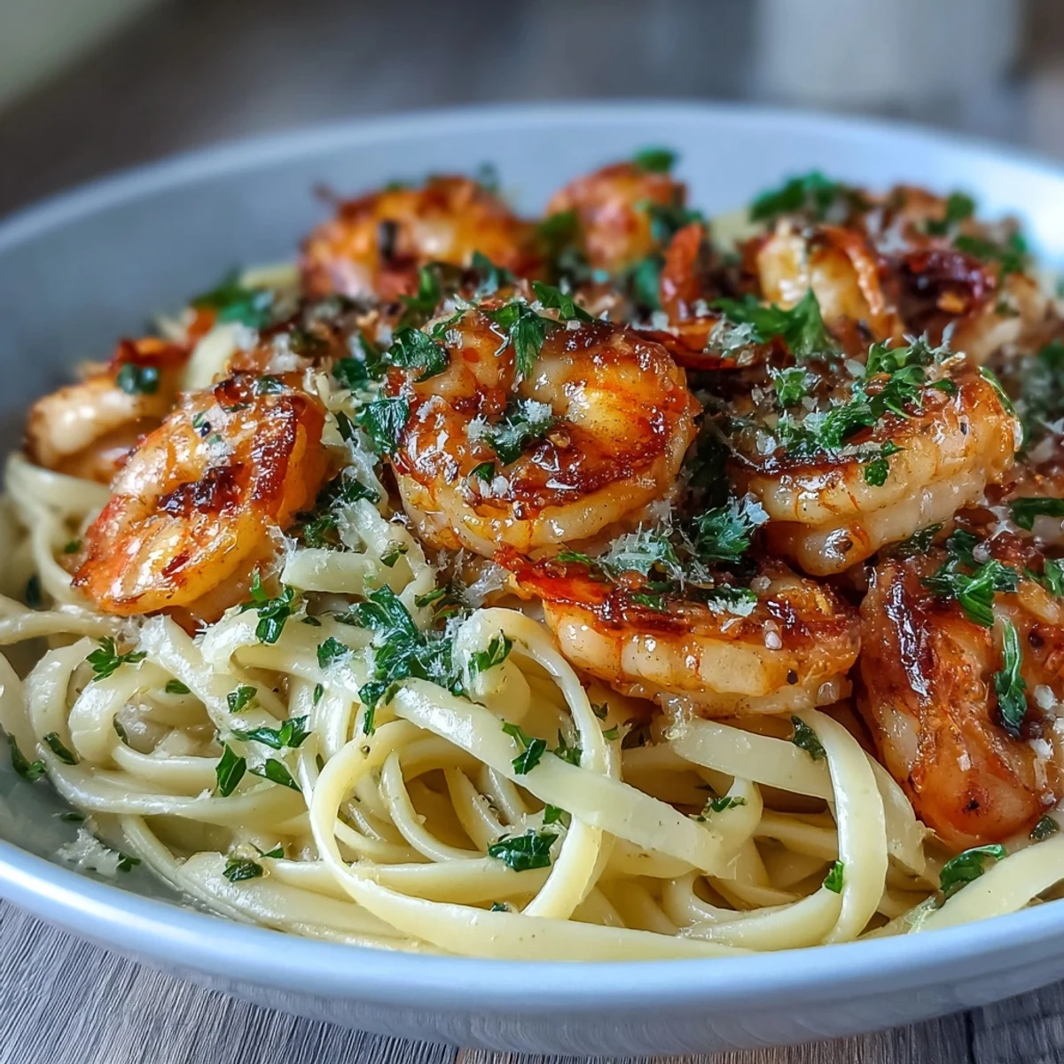 A close-up of tender shrimp and linguine in a glossy, garlicky butter sauce, garnished with lemon slices and chopped parsley.