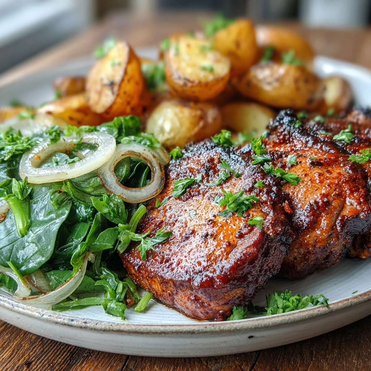 Roasted Aleppo pork chops on a baking sheet with golden potatoes and sautéed kale, garnished with lemon zest for a Mediterranean meal.