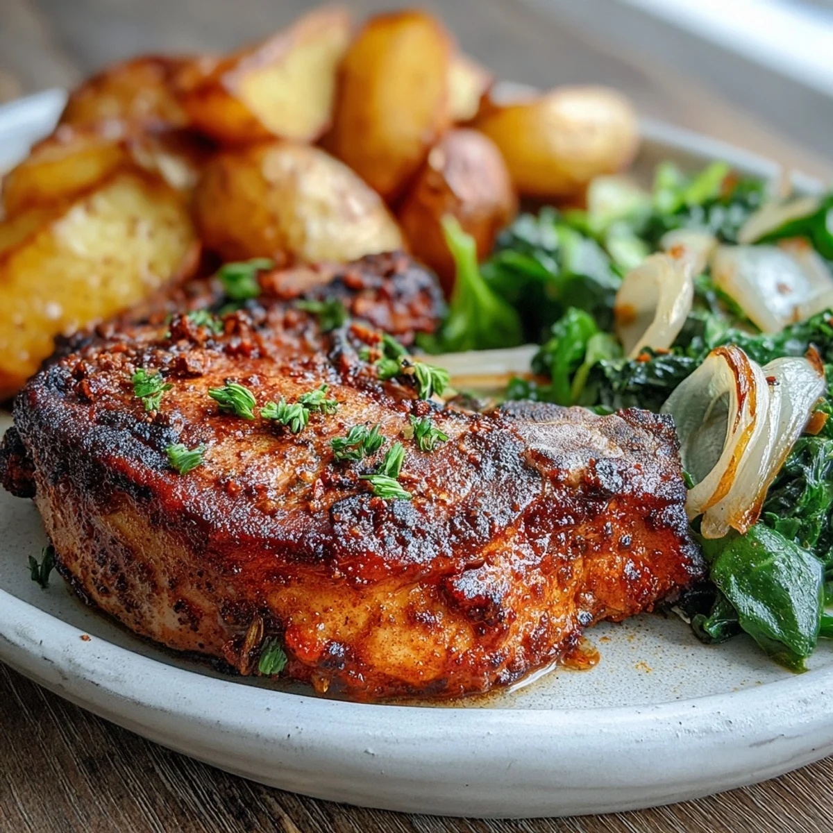 Hearty Aleppo pork chops served with roasted baby potatoes and garlicky kale, finished with a squeeze of fresh lemon.