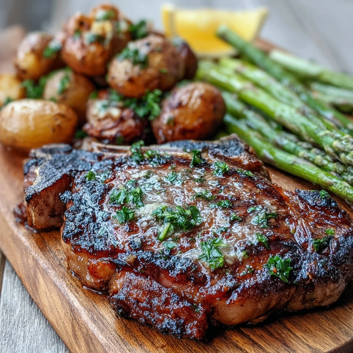 Juicy rib eye steak resting before serving alongside grilled asparagus and herb butter potatoes, ready to enjoy.