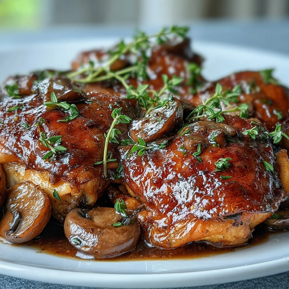 Golden-brown Coq au Vin Rosé braised in rosé wine and cream, served with buttered potatoes and fresh parsley garnish.