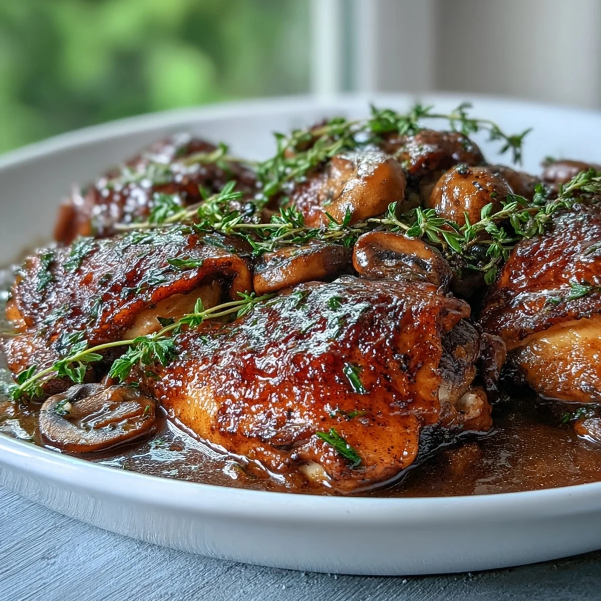 Rustic pot of Coq au Vin Rosé with juicy chicken thighs in a blush wine sauce, perfect with crusty bread.