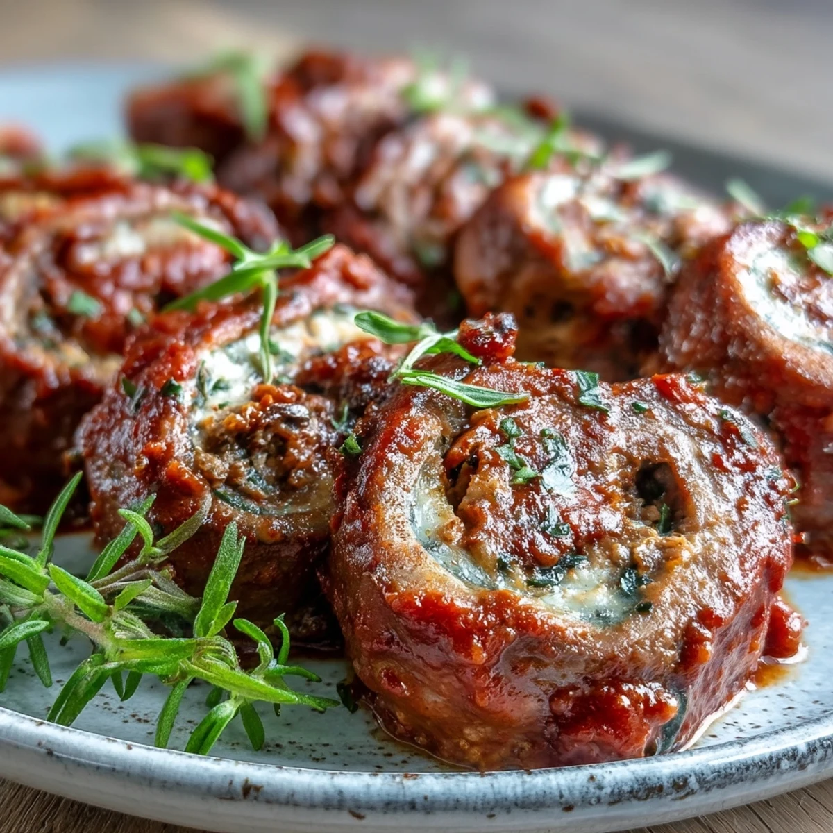 Freshly seared Sicilian-Style Braciole, golden beef rolls stuffed with pine nuts and raisins, resting in a simmering tomato sauce.  