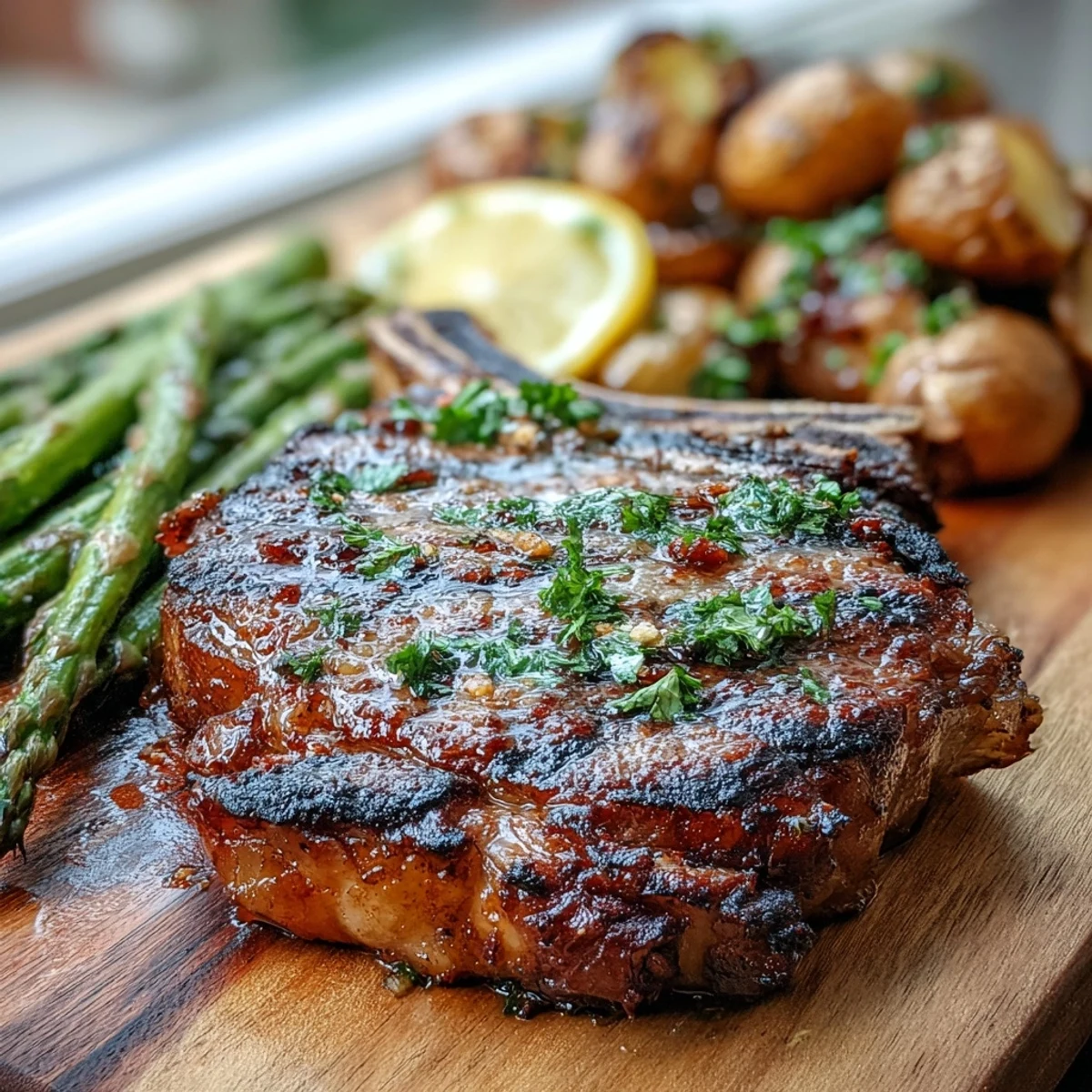 Perfectly grilled bone-in rib eye steak with charred asparagus and buttery parsley potatoes on a white plate.  