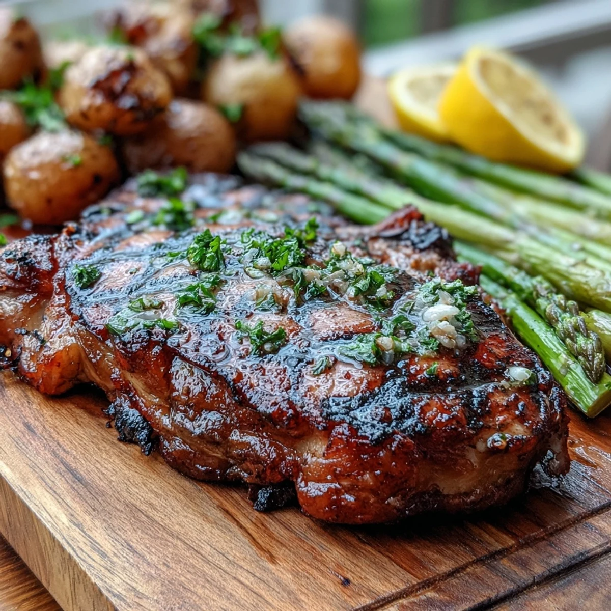 Sizzling rib eye fresh off the grill, served with roasted potatoes and lemon wedges for a complete steak dinner.  
