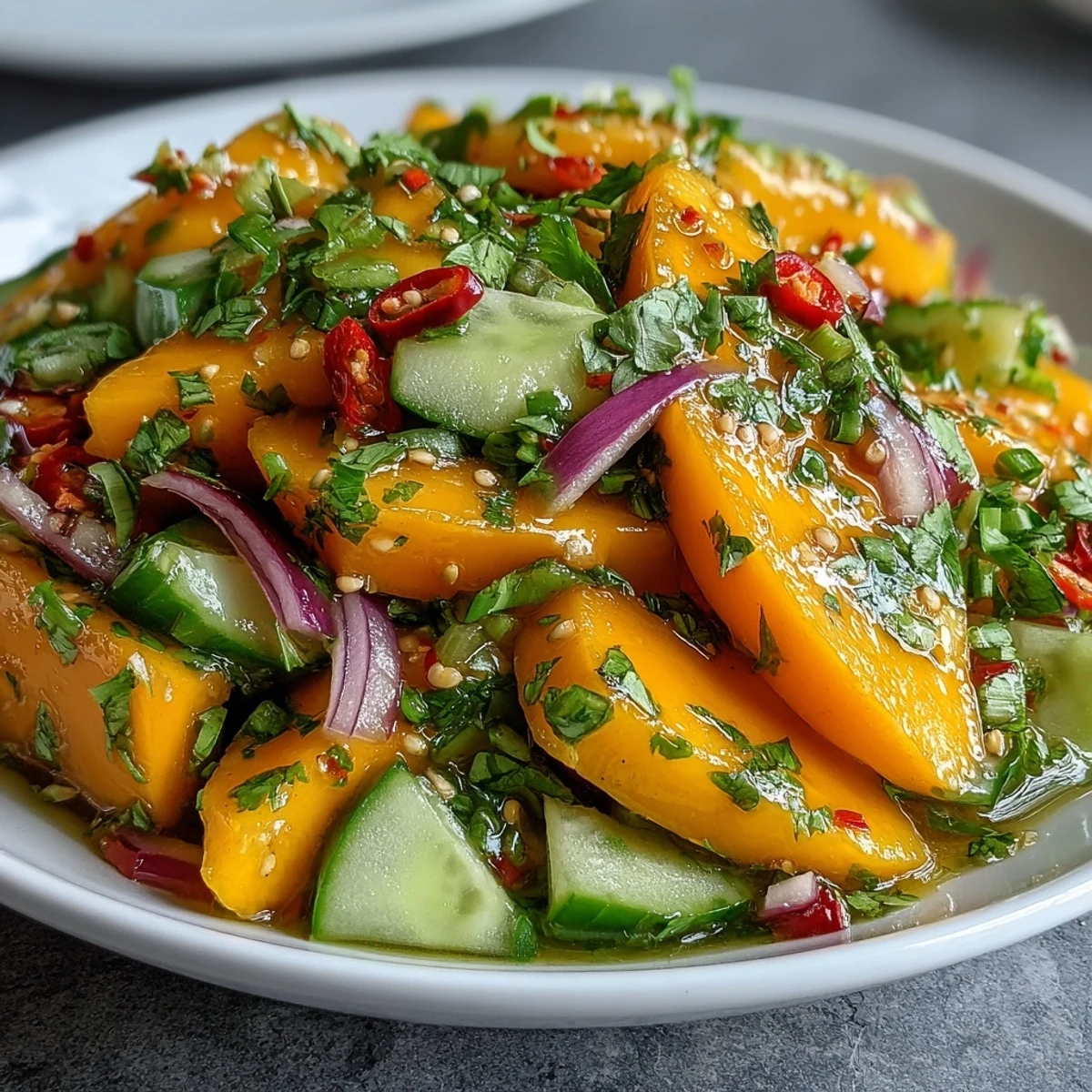 A spoon lifts a portion of Refreshing Mango Salad, highlighting juicy mango strips and crisp vegetables glistening with citrus dressing.