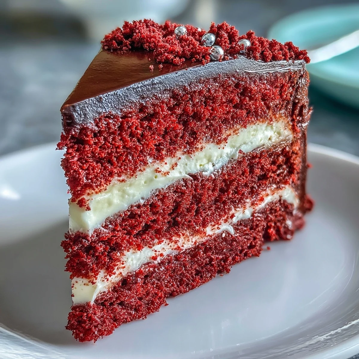 Slice of Betty Boop cake revealing tender red crumb and tangy frosting, served on a dessert plate with berries nearby