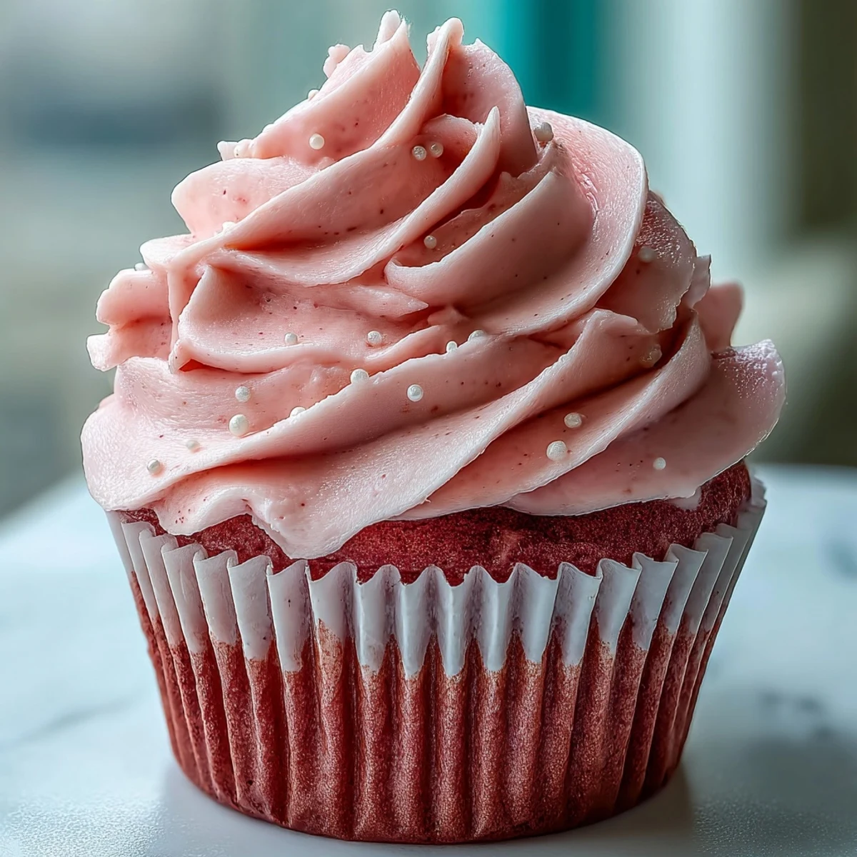 Freshly baked Pink Velvet Cupcakes with vanilla buttercream frosting are arranged on a white plate, showcasing their moist crumb and fluffy swirls. 