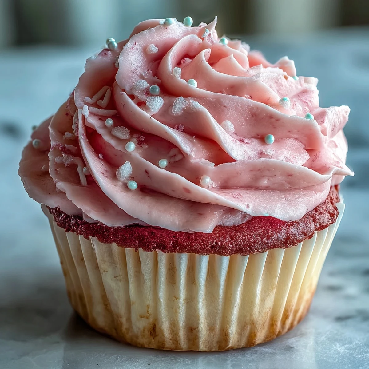 A single Pink Velvet Cupcake with a tall swirl of vanilla buttercream frosting is topped with pink sanding sugar. 