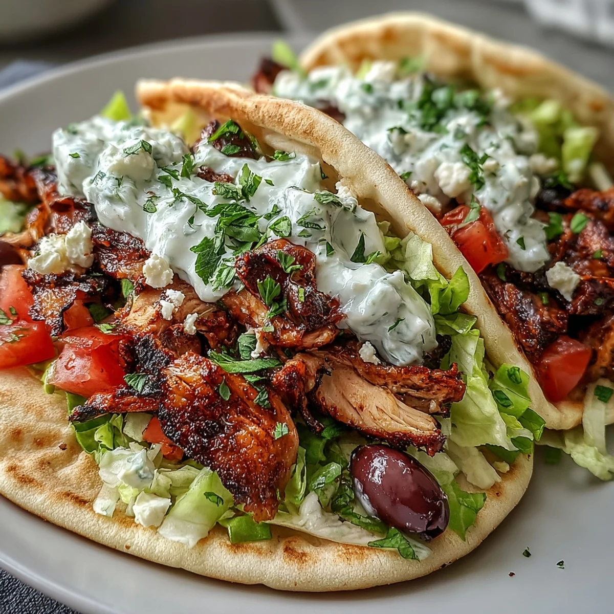 Golden-brown sizzling Mediterranean Chicken Gyros topped with creamy feta tzatziki sauce, fresh lettuce, tomatoes, and Kalamata olives on warm pita.