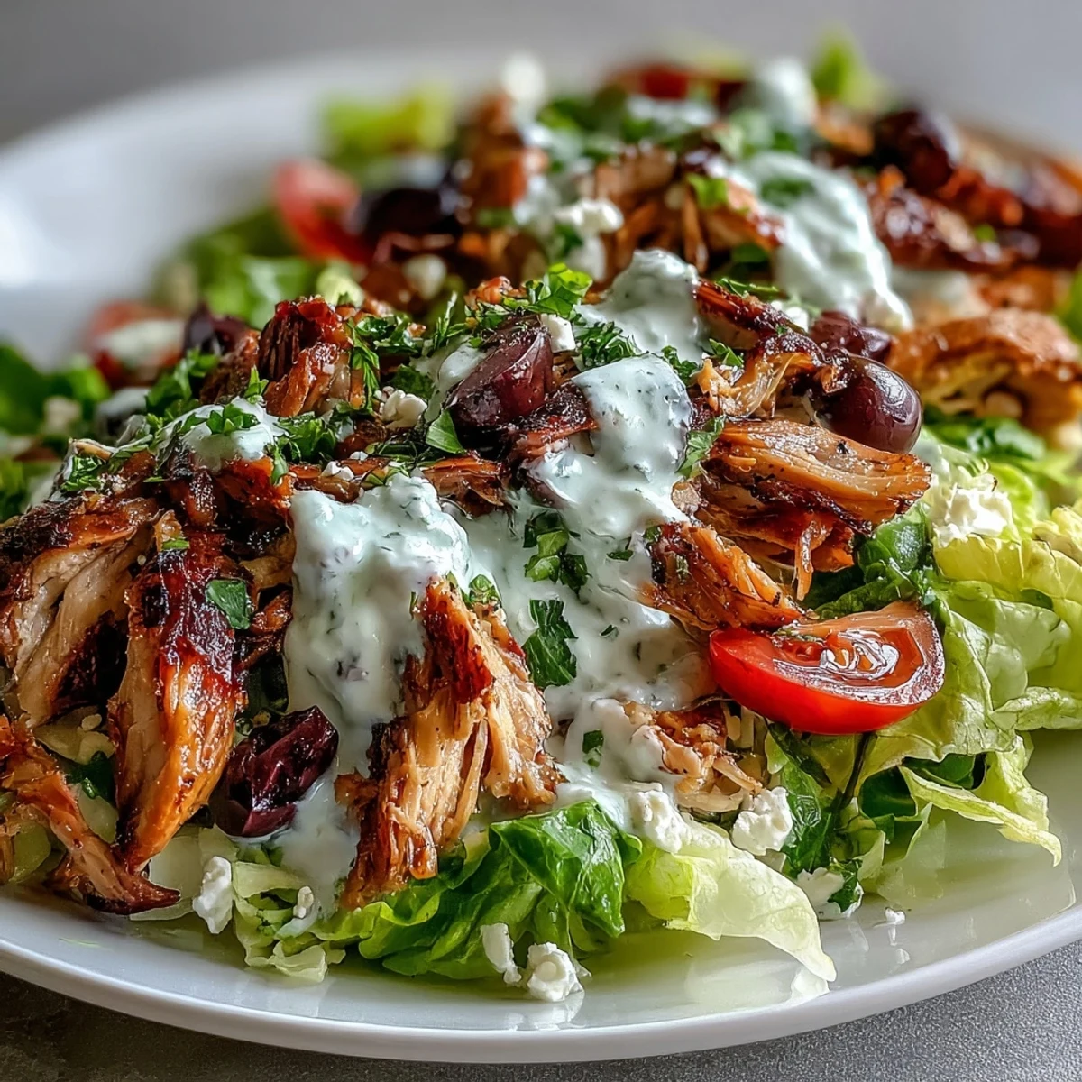 Freshly assembled Mediterranean Chicken Gyros garnished with dill and lemon wedges, served alongside a bowl of creamy feta tzatziki.