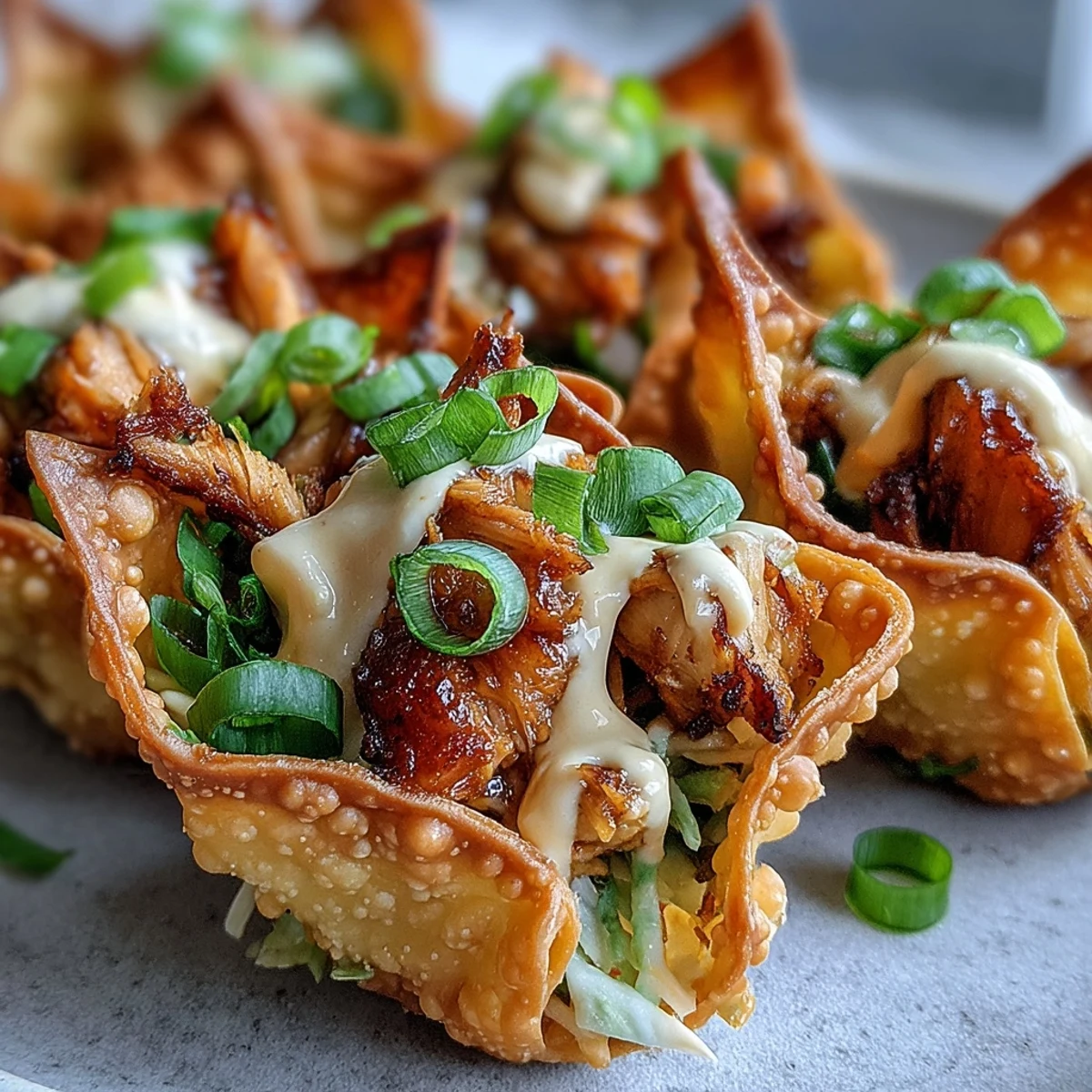 Smoky seasoned chicken and tangy slaw stuffed into fried wonton taco shells for an Asian fusion dinner.